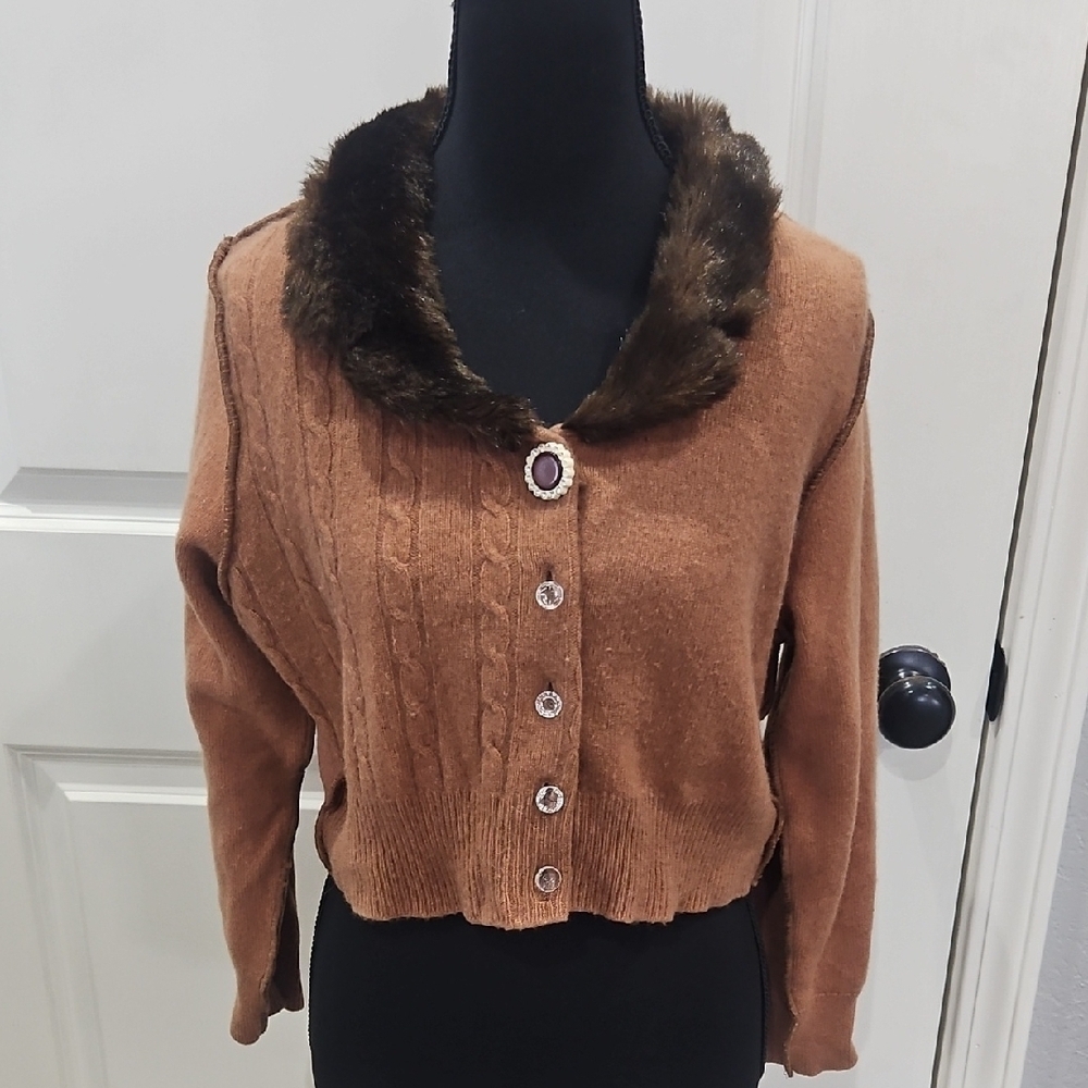 Vintage Claudette Cashmere Brown Cardigan with Faux Fur Trim size Medium - Picture 10 of 11